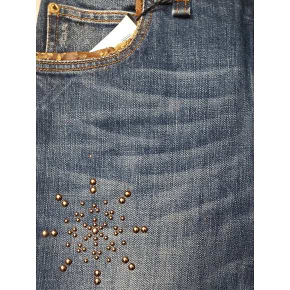 John Galliano Distressed Blue Jeans Embellished Bronze Studded Snow Flakes Sz 26